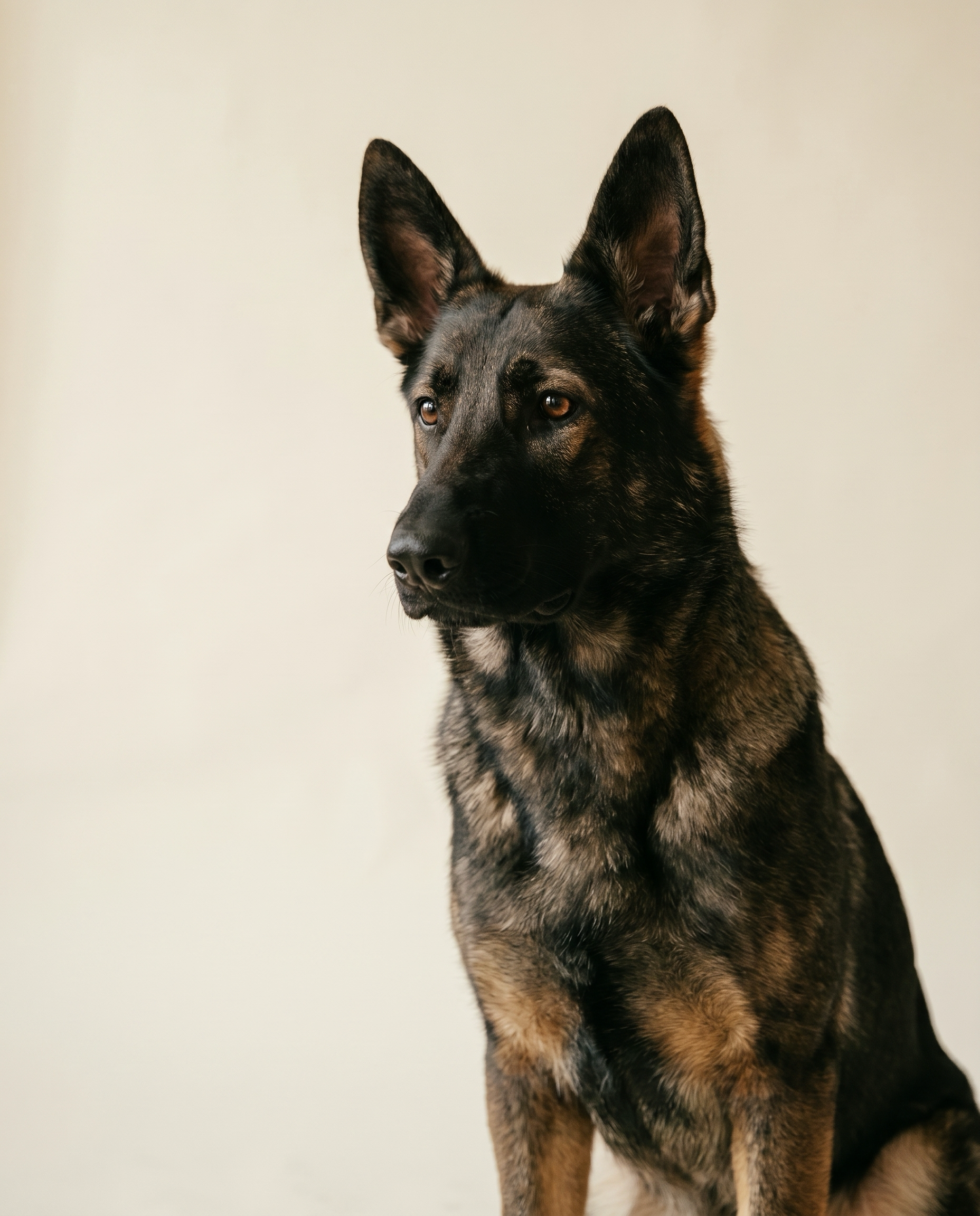 Freya, a dark sable German Shepherd, sitting calmly